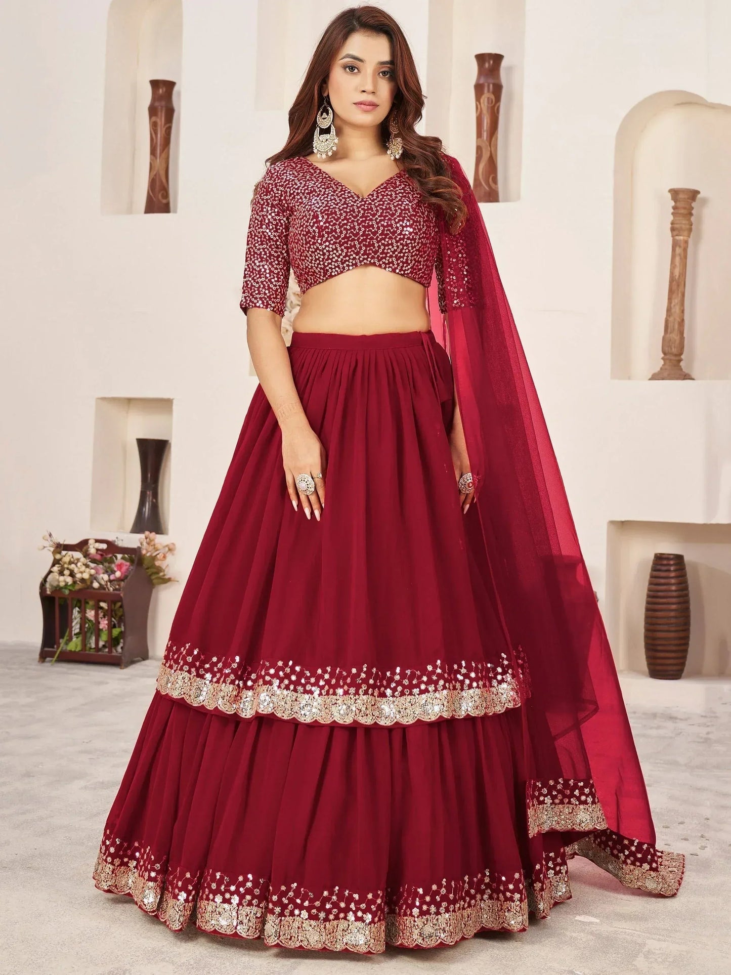 Tulsi Art Stunning Red Sequins Georgette Wedding Wear Lehenga Choli