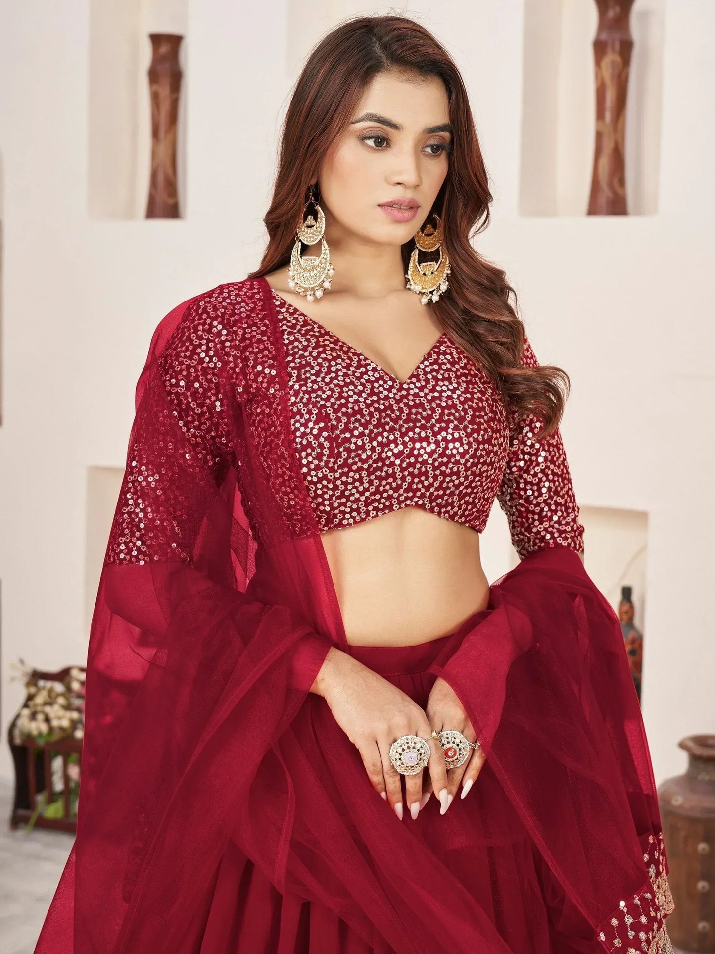 Tulsi Art Stunning Red Sequins Georgette Wedding Wear Lehenga Choli