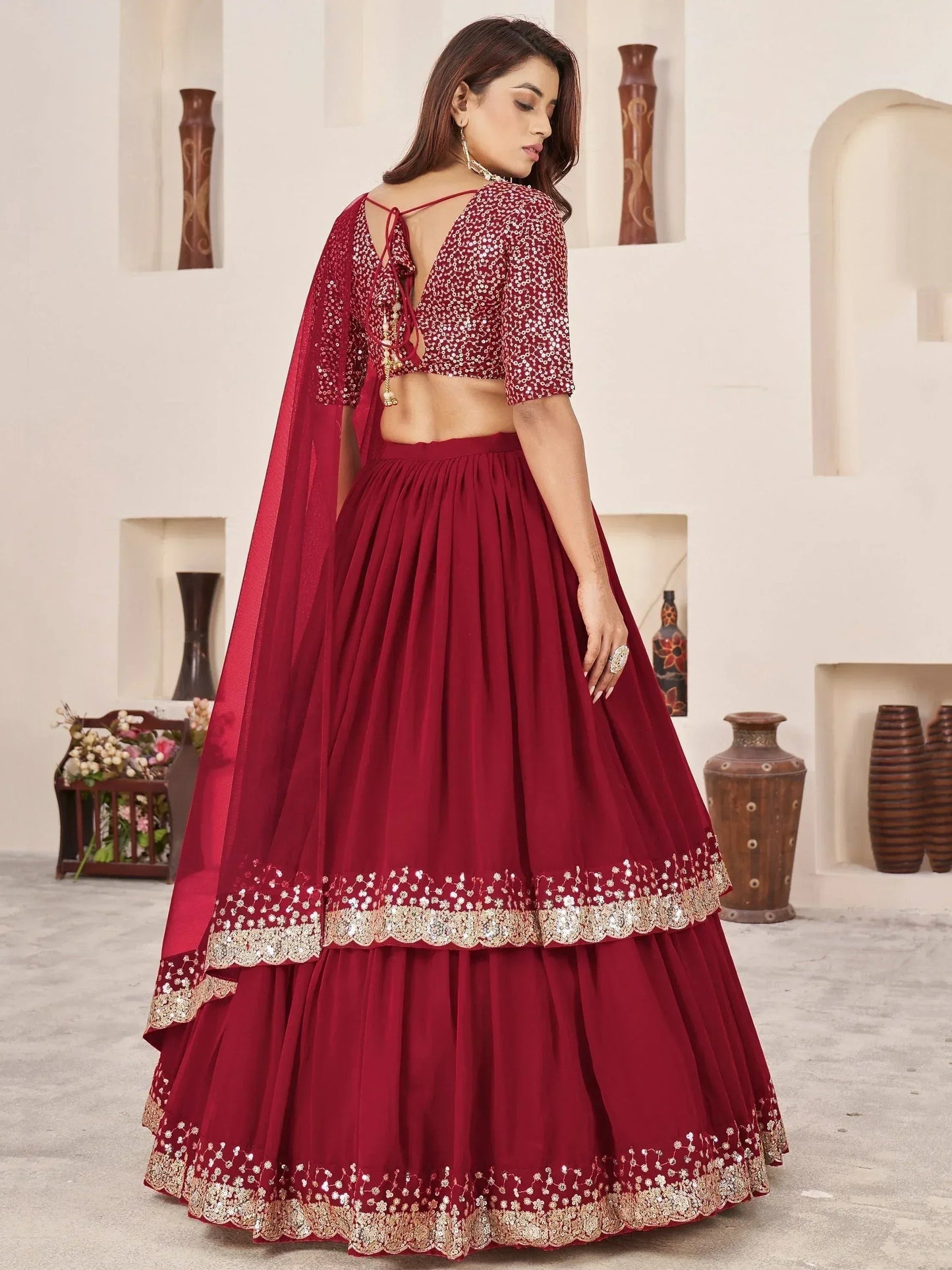 Tulsi Art Stunning Red Sequins Georgette Wedding Wear Lehenga Choli