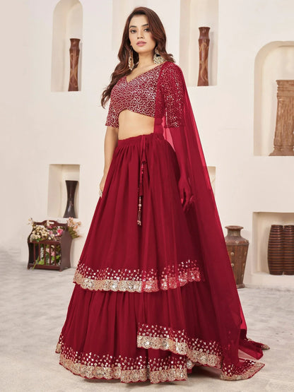 Tulsi Art Stunning Red Sequins Georgette Wedding Wear Lehenga Choli