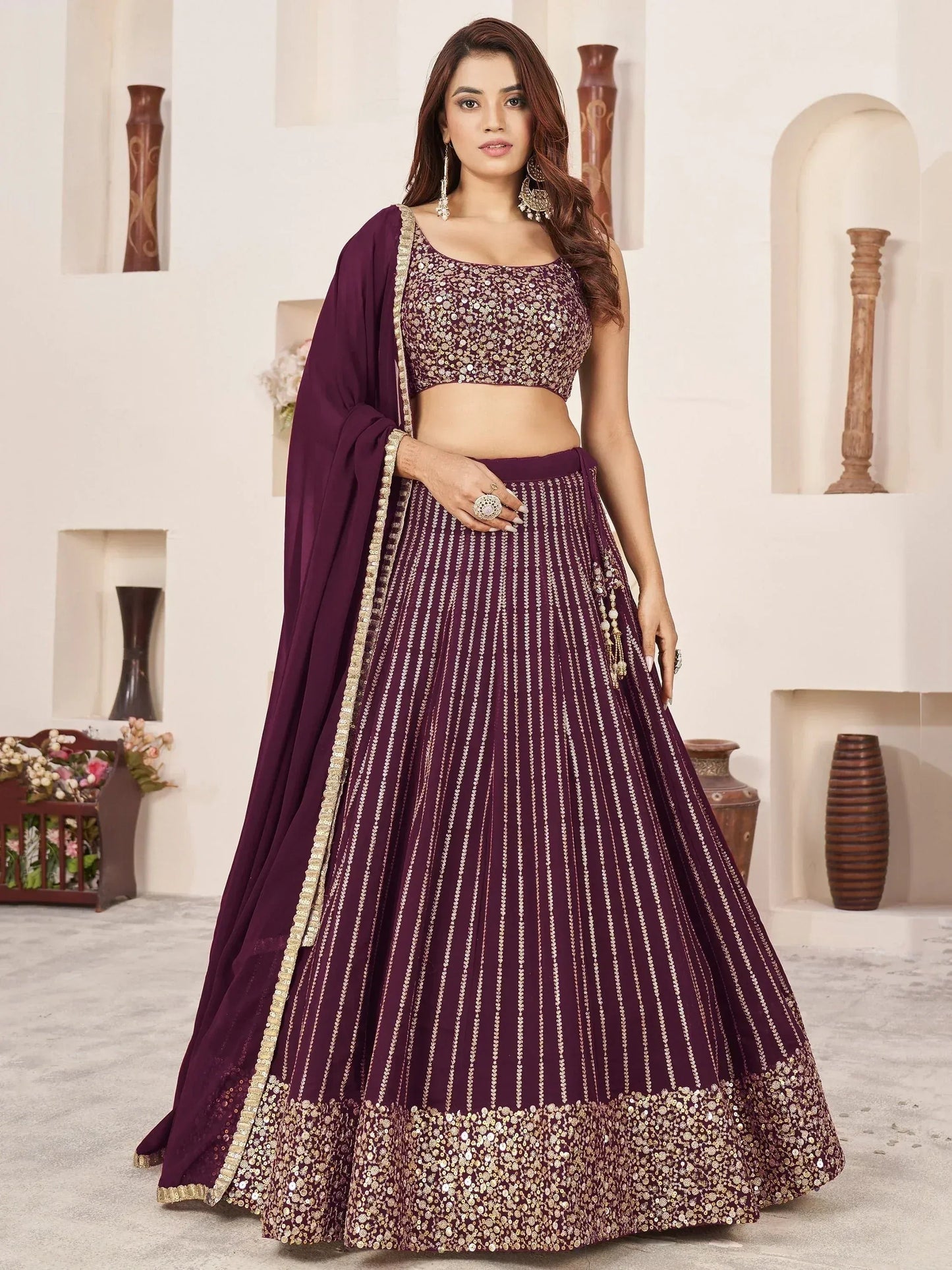 Tulsi Art Enchanting Wine Sequins Georgette Engagement Wear Lehenga Choli