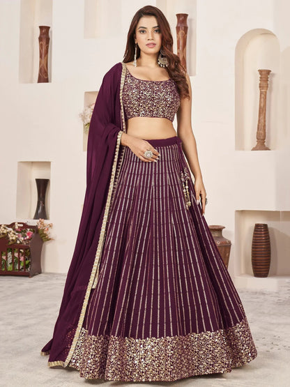 Tulsi Art Enchanting Wine Sequins Georgette Engagement Wear Lehenga Choli