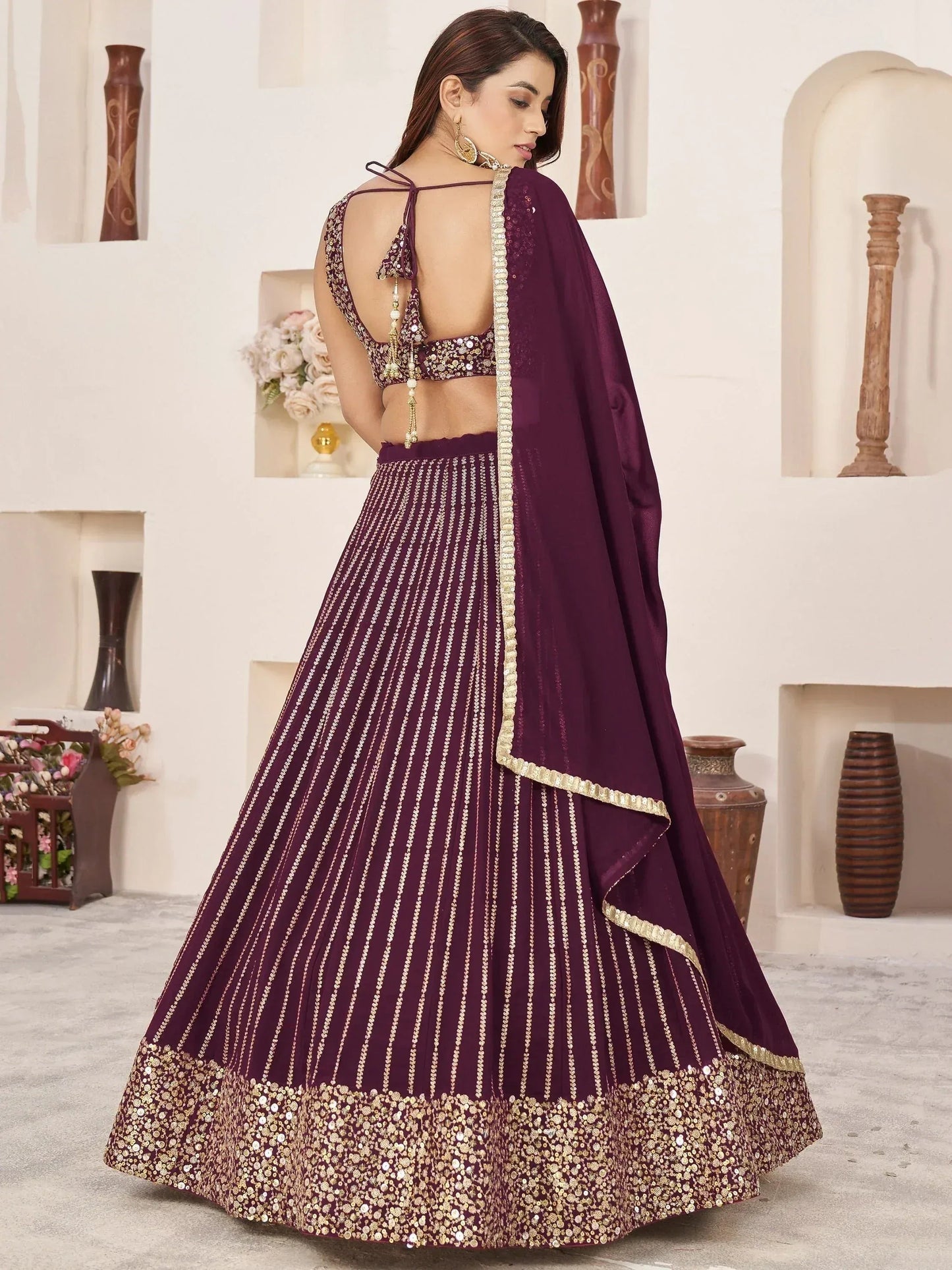 Tulsi Art Enchanting Wine Sequins Georgette Engagement Wear Lehenga Choli