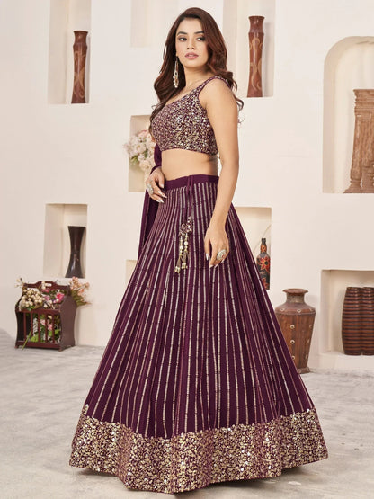 Tulsi Art Enchanting Wine Sequins Georgette Engagement Wear Lehenga Choli