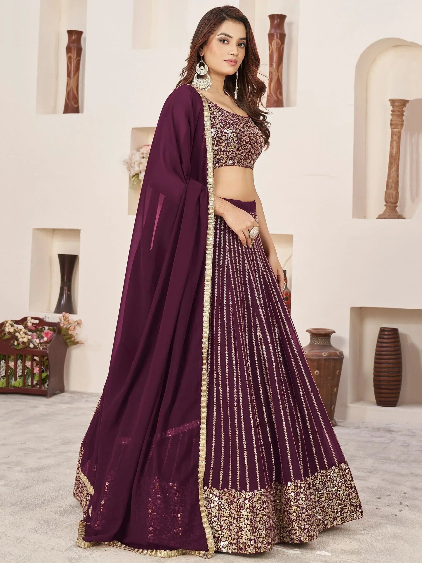 Tulsi Art Enchanting Wine Sequins Georgette Engagement Wear Lehenga Choli