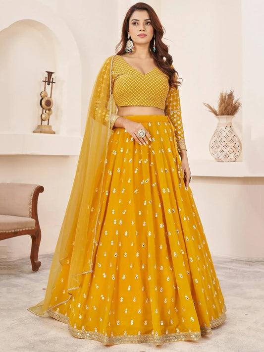 Tulsi Art Magnetic Yellow Thread Work Georgette Haldi Wear Lehenga Choli