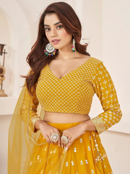 Tulsi Art Magnetic Yellow Thread Work Georgette Haldi Wear Lehenga Choli