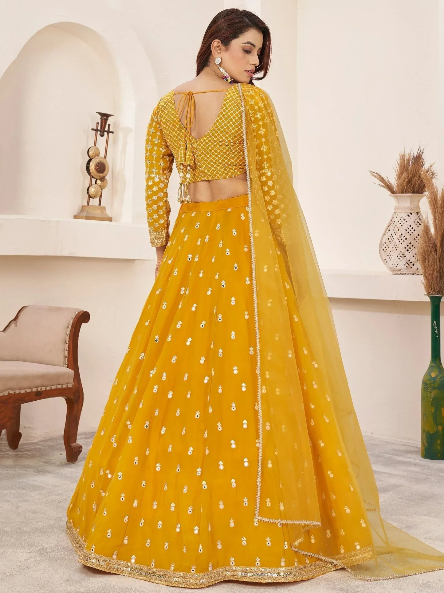 Tulsi Art Magnetic Yellow Thread Work Georgette Haldi Wear Lehenga Choli