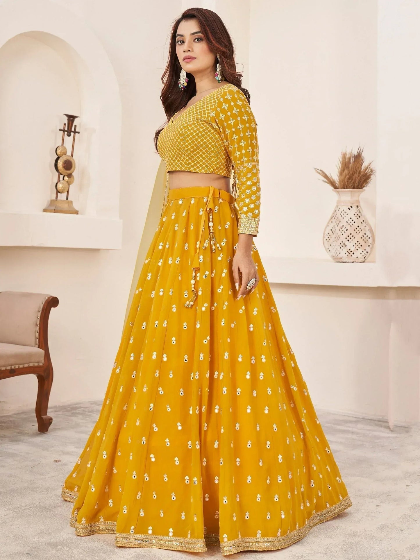 Tulsi Art Magnetic Yellow Thread Work Georgette Haldi Wear Lehenga Choli