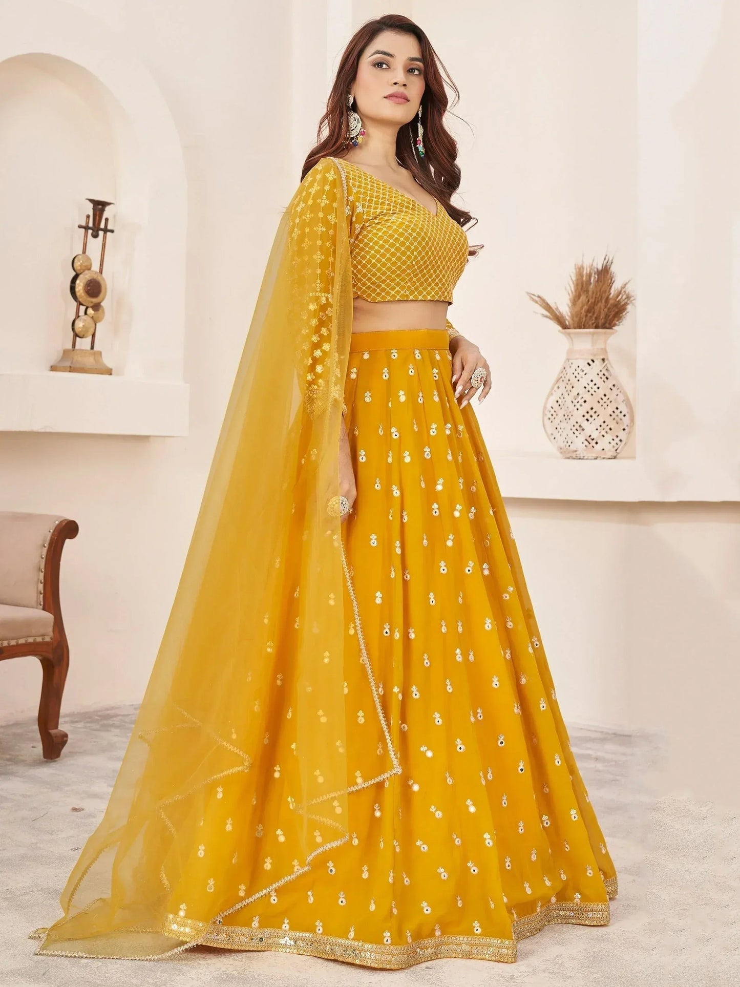 Tulsi Art Magnetic Yellow Thread Work Georgette Haldi Wear Lehenga Choli