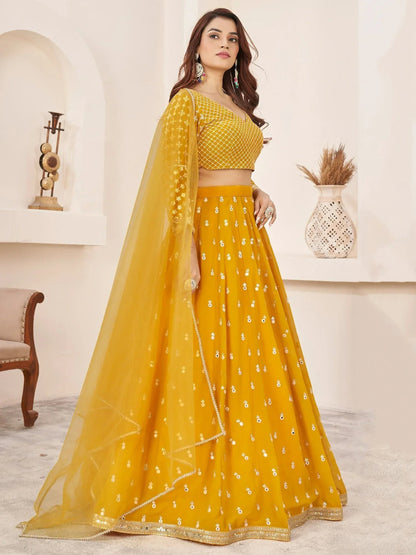 Tulsi Art Magnetic Yellow Thread Work Georgette Haldi Wear Lehenga Choli