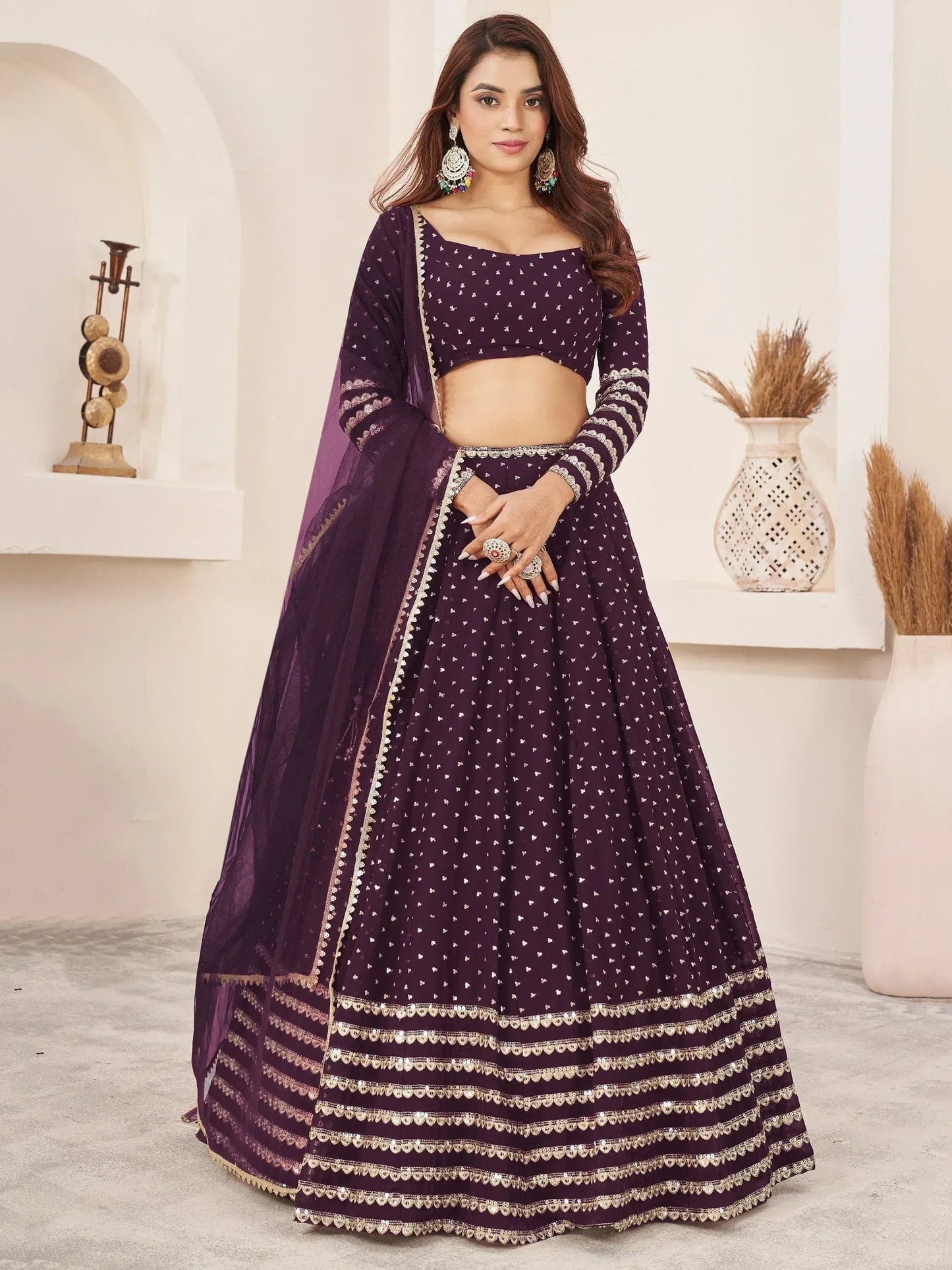 Tulsi Art Charming Purple Sequin Georgette Reception Wear Lehenga Choli