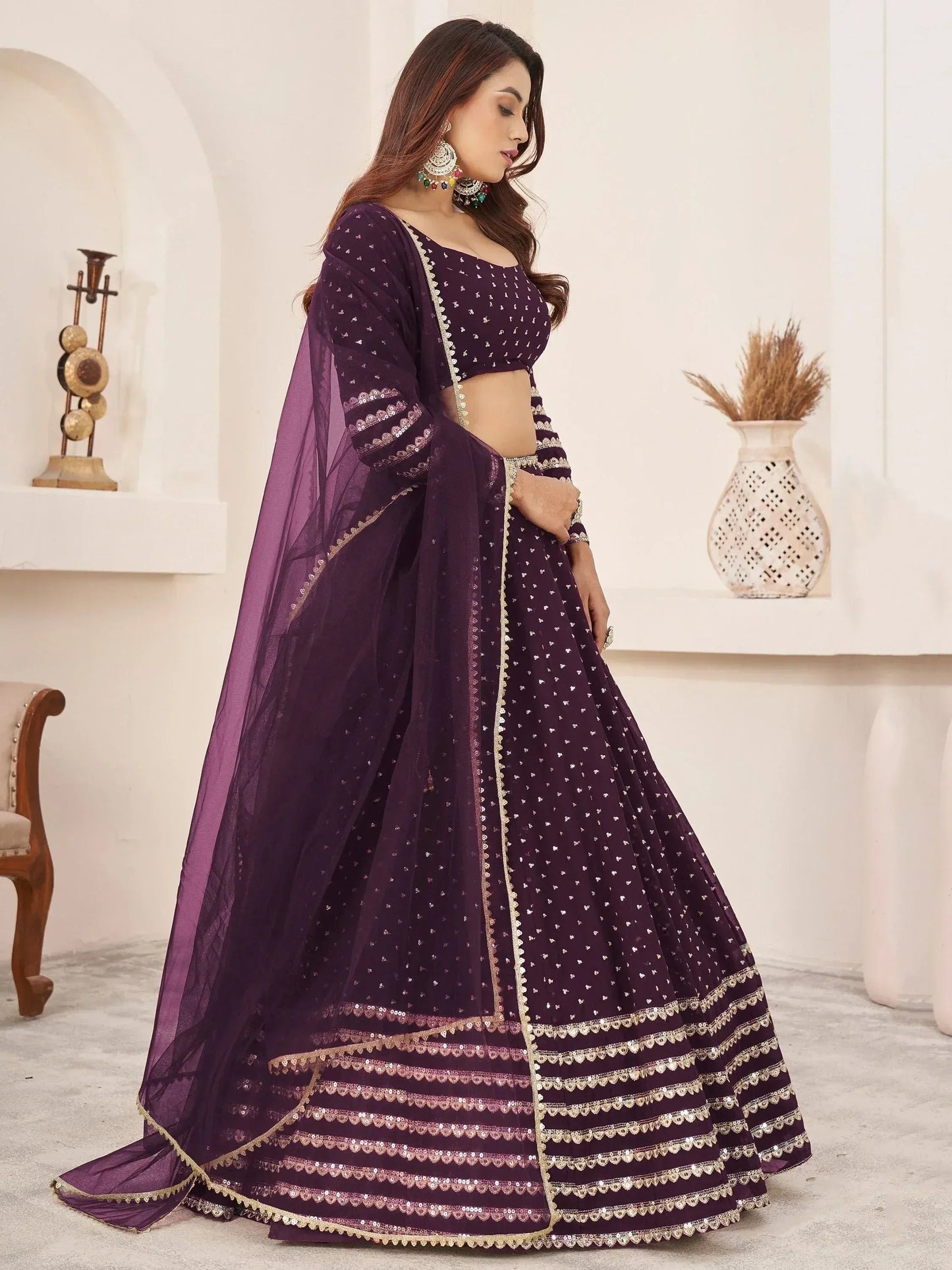 Tulsi Art Charming Purple Sequin Georgette Reception Wear Lehenga Choli