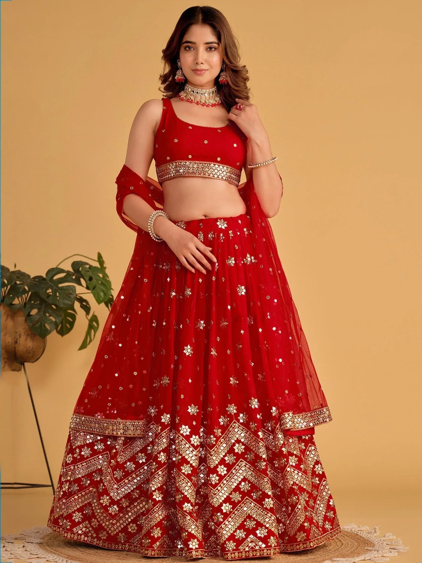 Tulsi Art Fascinating Red Sequins Georgette Wedding Lehenga Choli With Dupatta