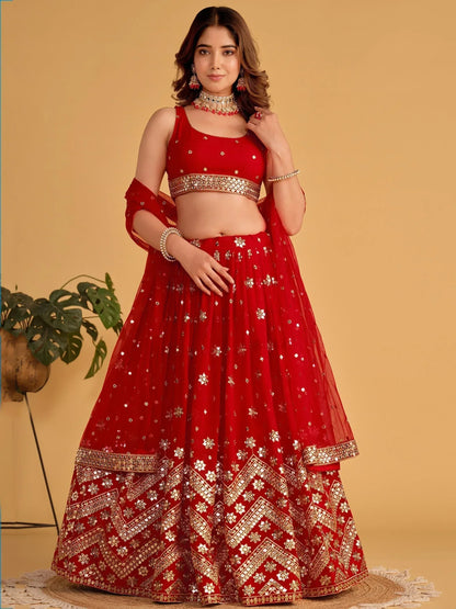 Tulsi Art Fascinating Red Sequins Georgette Wedding Lehenga Choli With Dupatta
