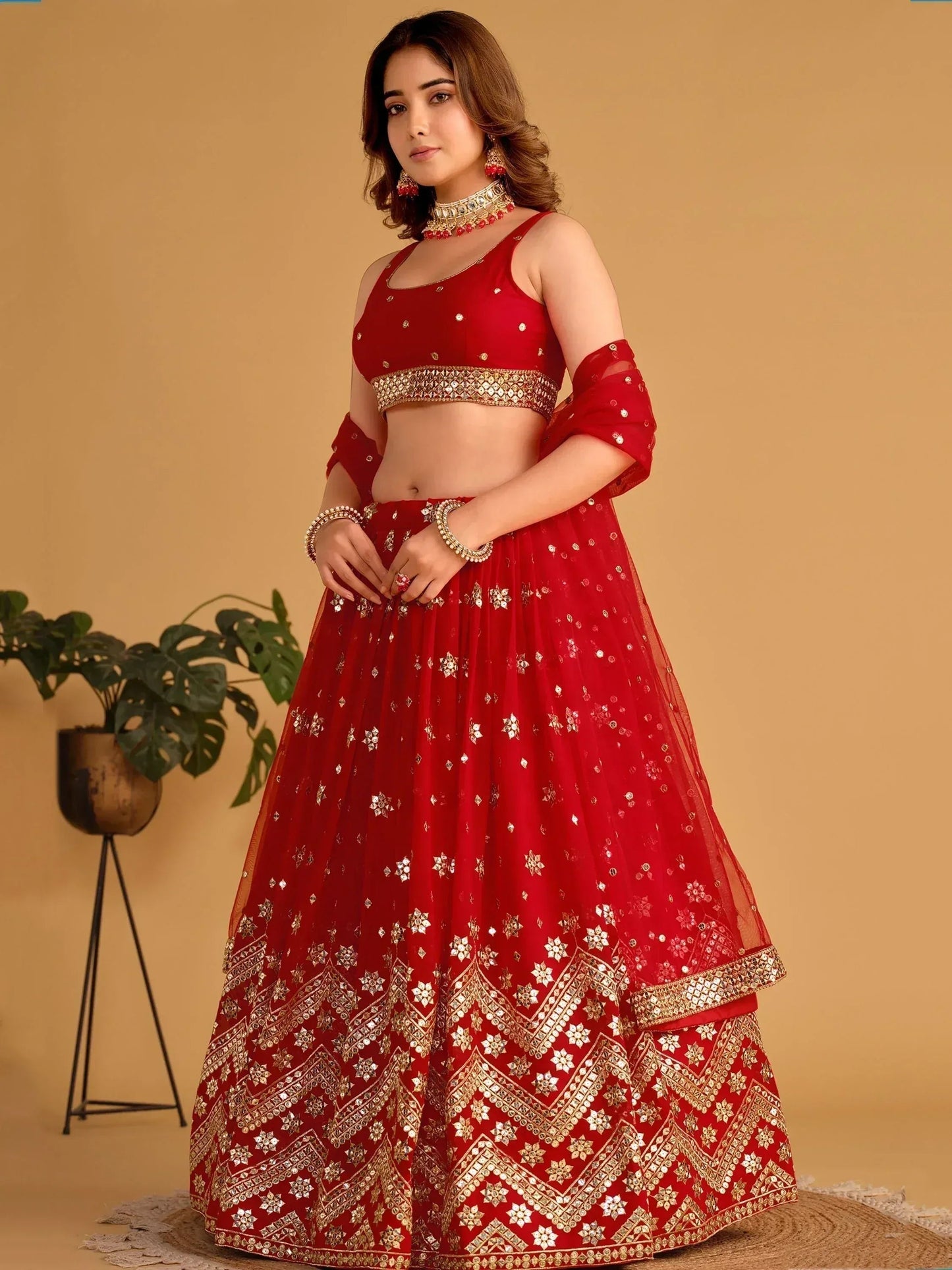 Tulsi Art Fascinating Red Sequins Georgette Wedding Lehenga Choli With Dupatta