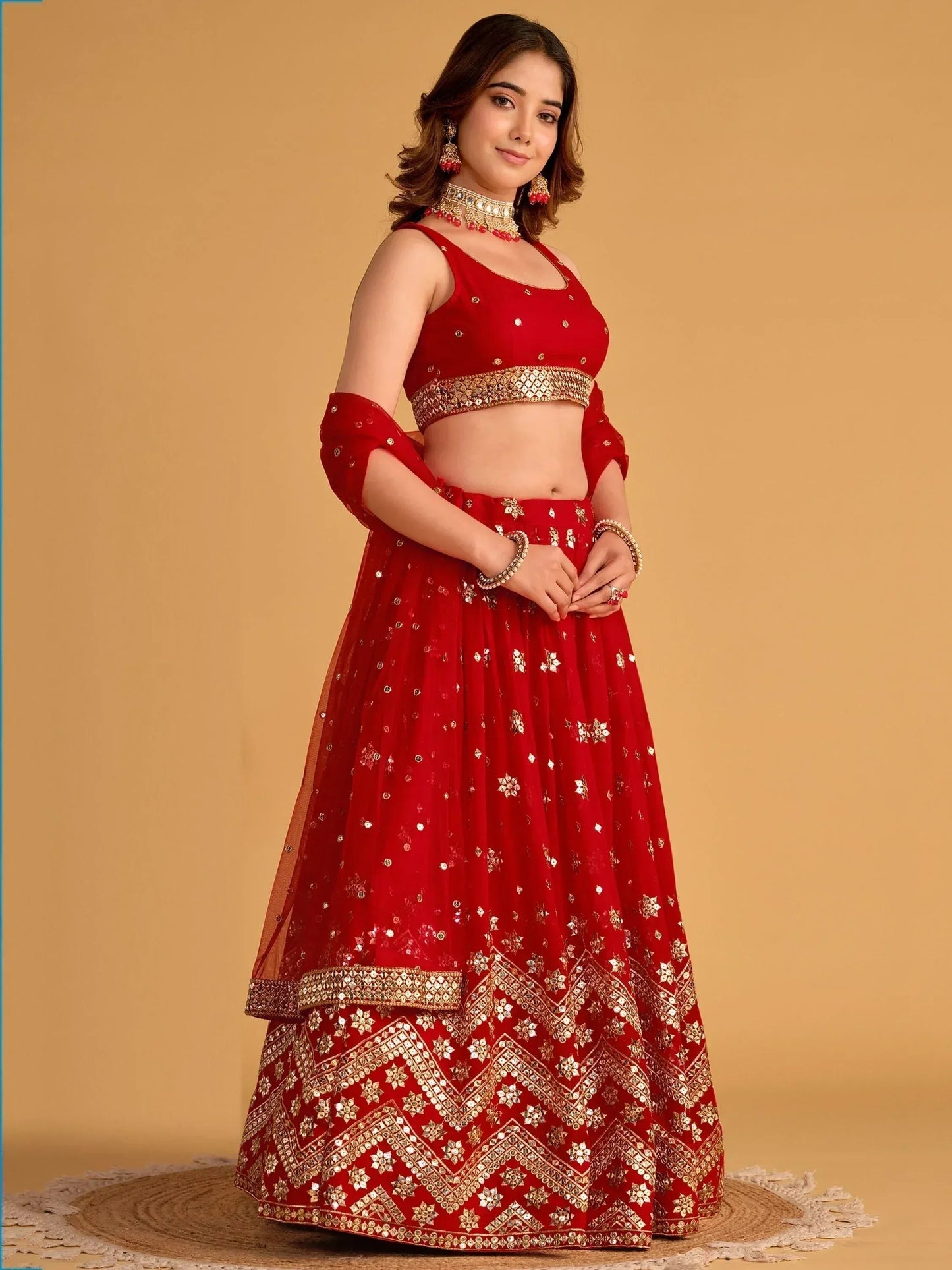 Tulsi Art Fascinating Red Sequins Georgette Wedding Lehenga Choli With Dupatta