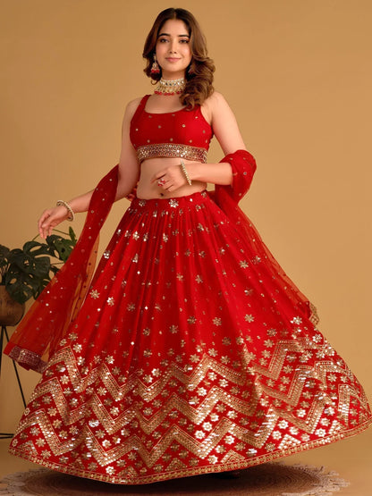 Tulsi Art Fascinating Red Sequins Georgette Wedding Lehenga Choli With Dupatta