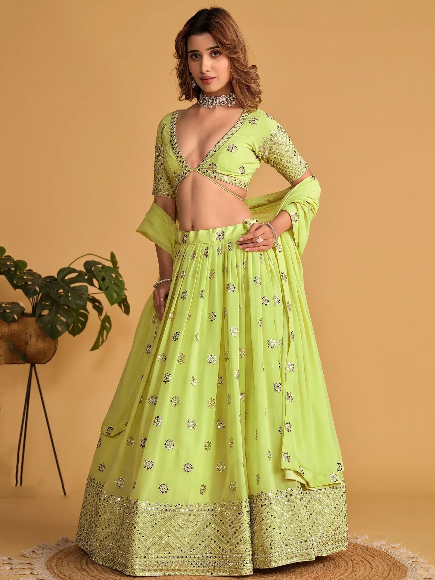 Tulsi Art Stunning Lime Green Sequins Georgette Reception Wear Lehenga Choli