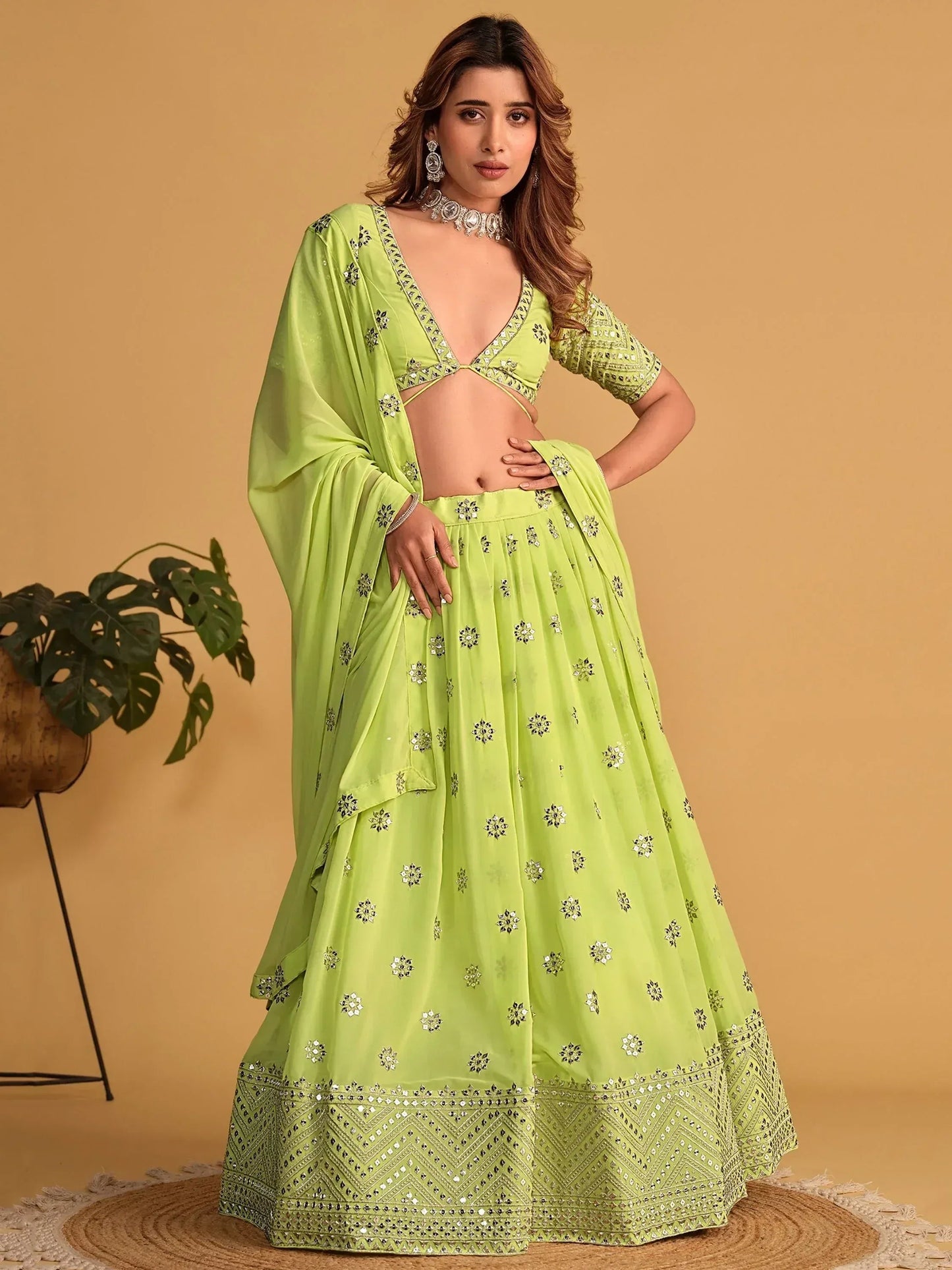 Tulsi Art Stunning Lime Green Sequins Georgette Reception Wear Lehenga Choli