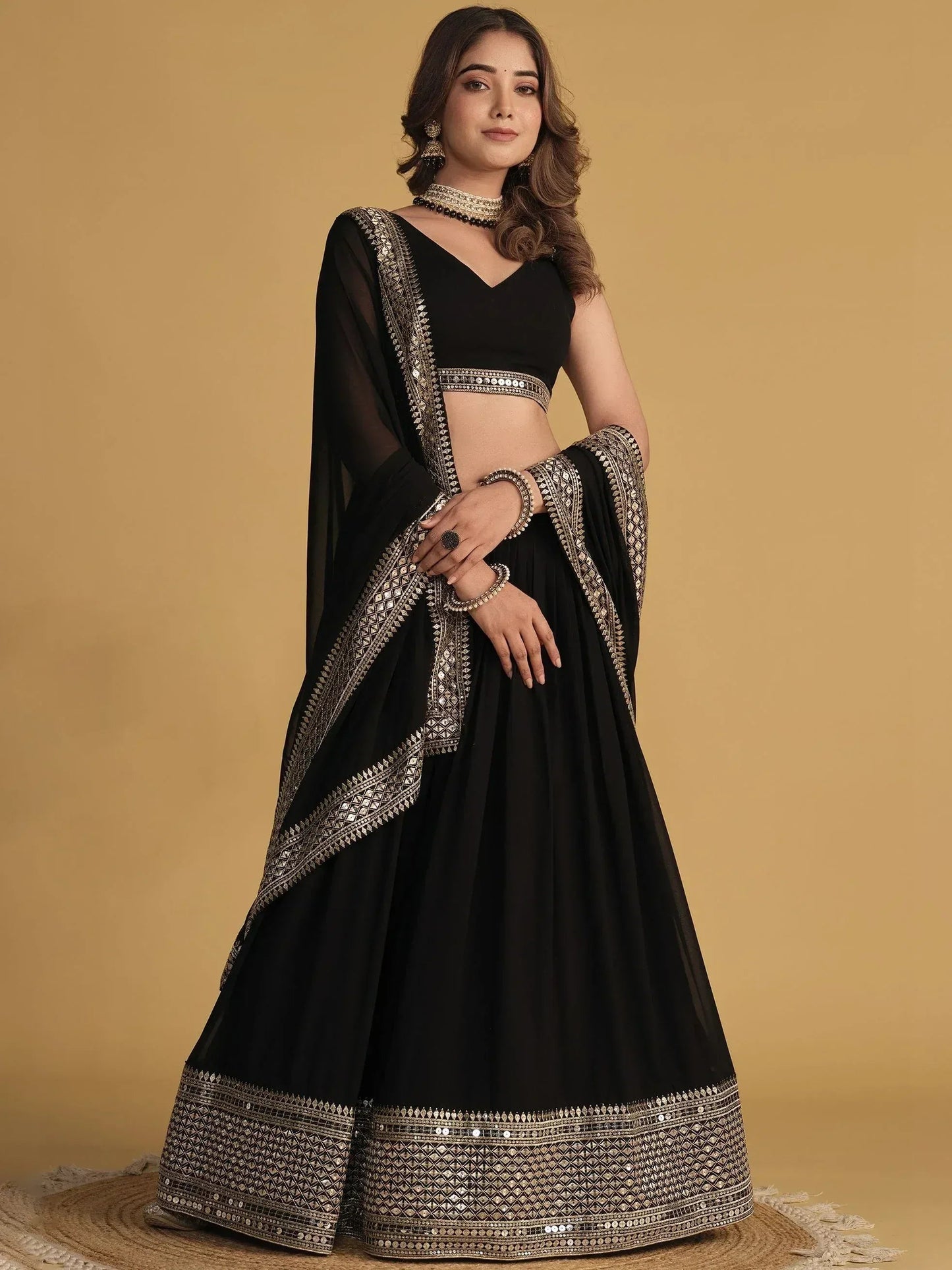 Tulsi Art Beautiful Black Zari Embroidered Georgette Lehenga Choli With Dupatta