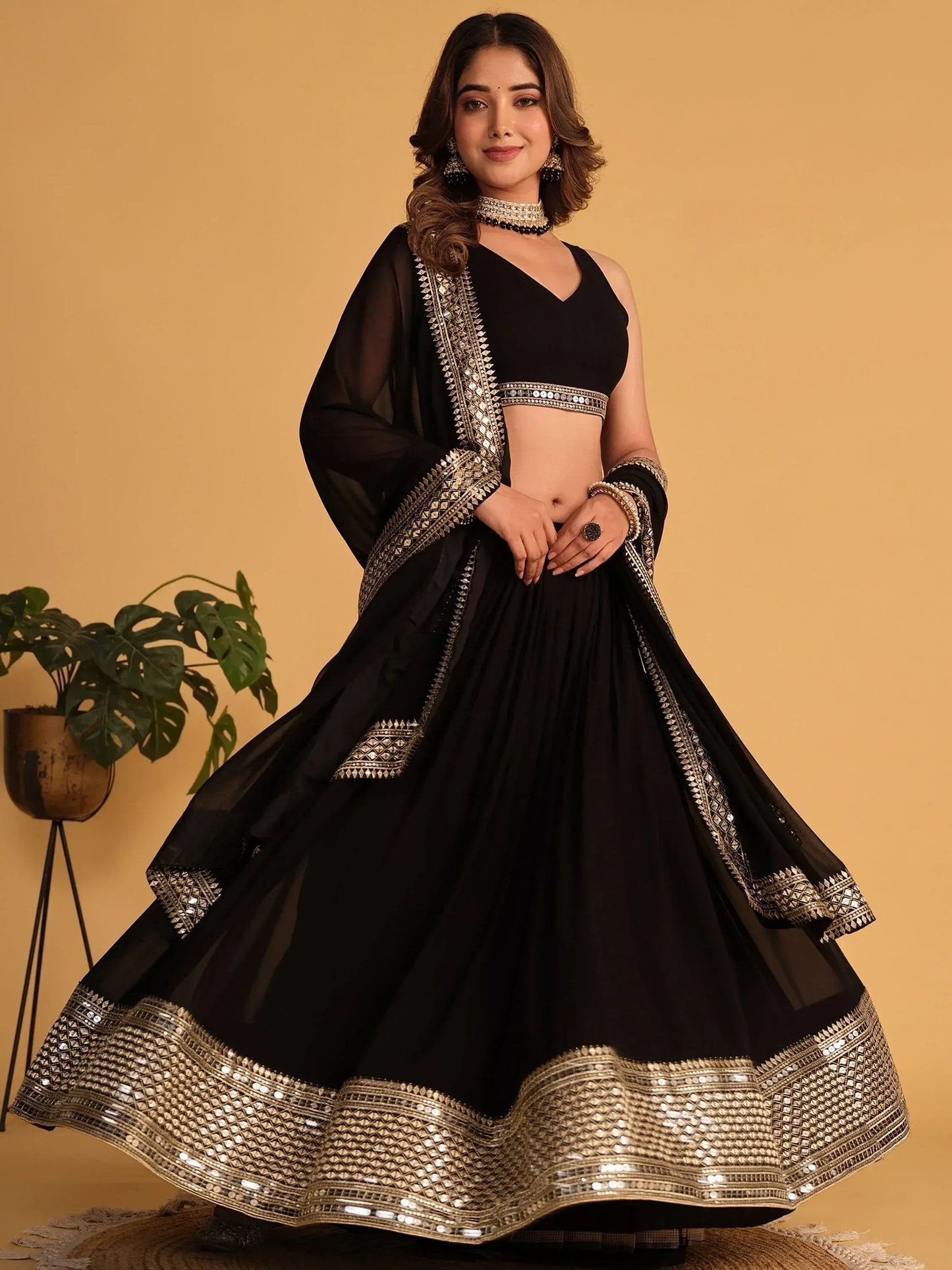 Tulsi Art Beautiful Black Zari Embroidered Georgette Lehenga Choli With Dupatta