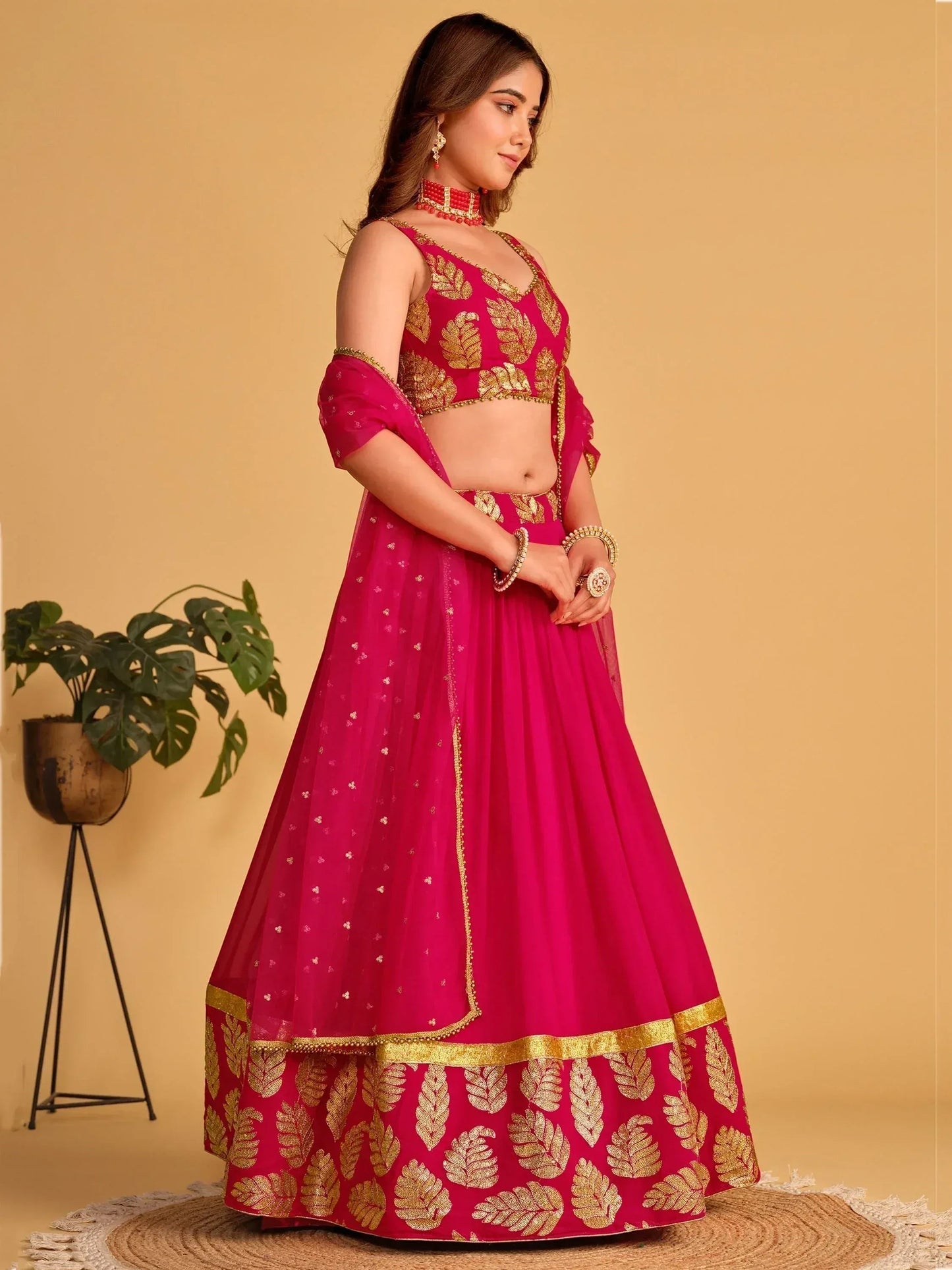 Tulsi Art Fabulous Pink Zari Embroidered Georgette Function Wear Lehenga Choli