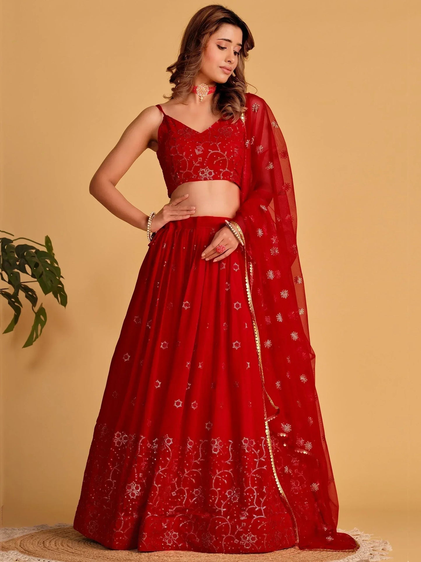 Tulsi Art Marvelous Red Embroidered Georgette Engagement Wear Lehenga Choli