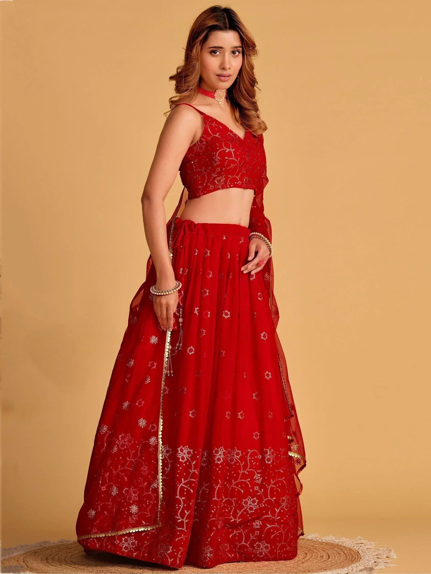 Tulsi Art Marvelous Red Embroidered Georgette Engagement Wear Lehenga Choli