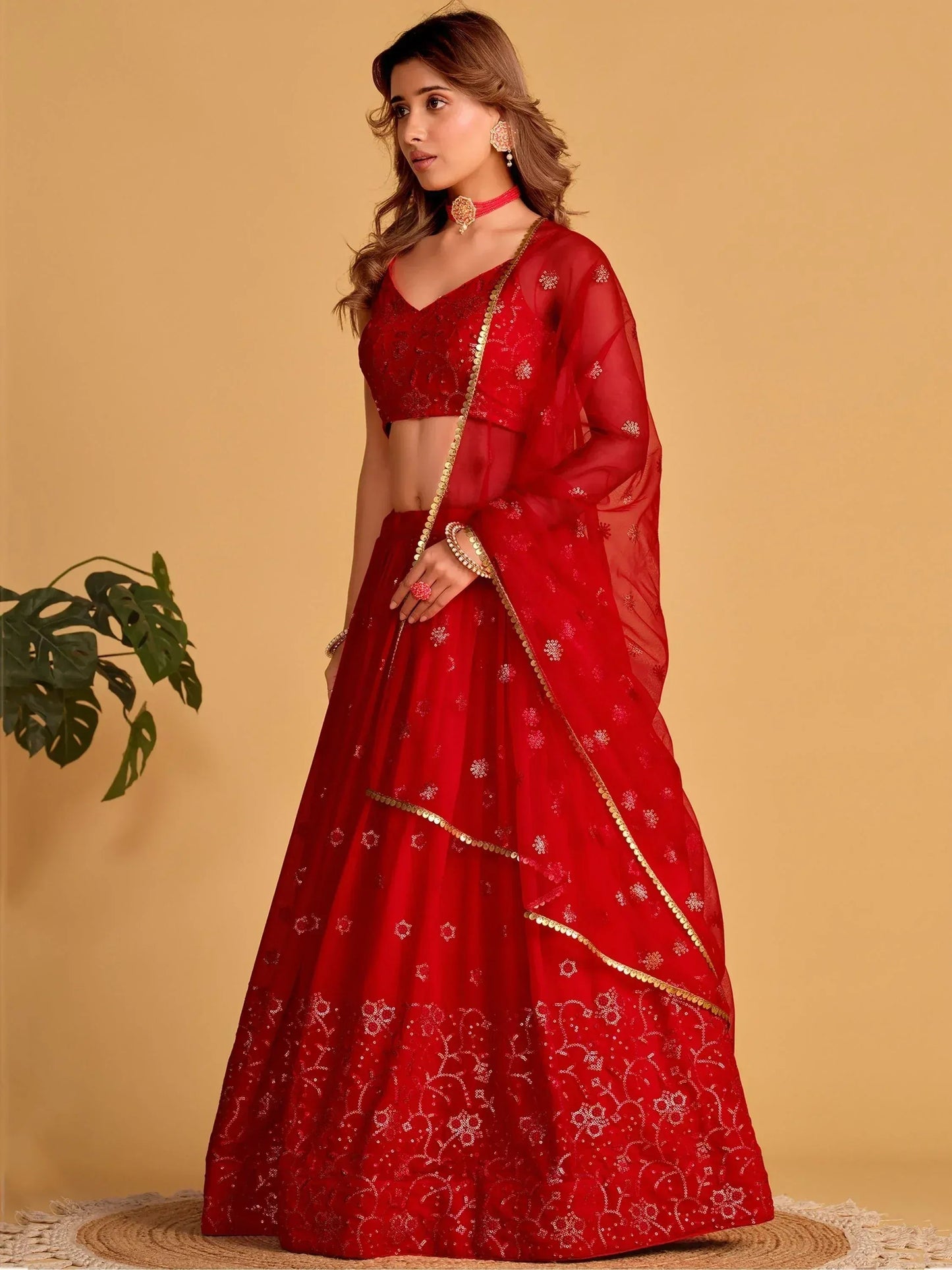 Tulsi Art Marvelous Red Embroidered Georgette Engagement Wear Lehenga Choli