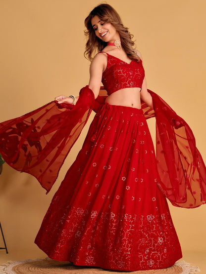 Tulsi Art Marvelous Red Embroidered Georgette Engagement Wear Lehenga Choli