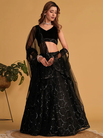 Tulsi Art Mesmerizing Black Mirror Work Organza Reception Wear Lehenga Choli