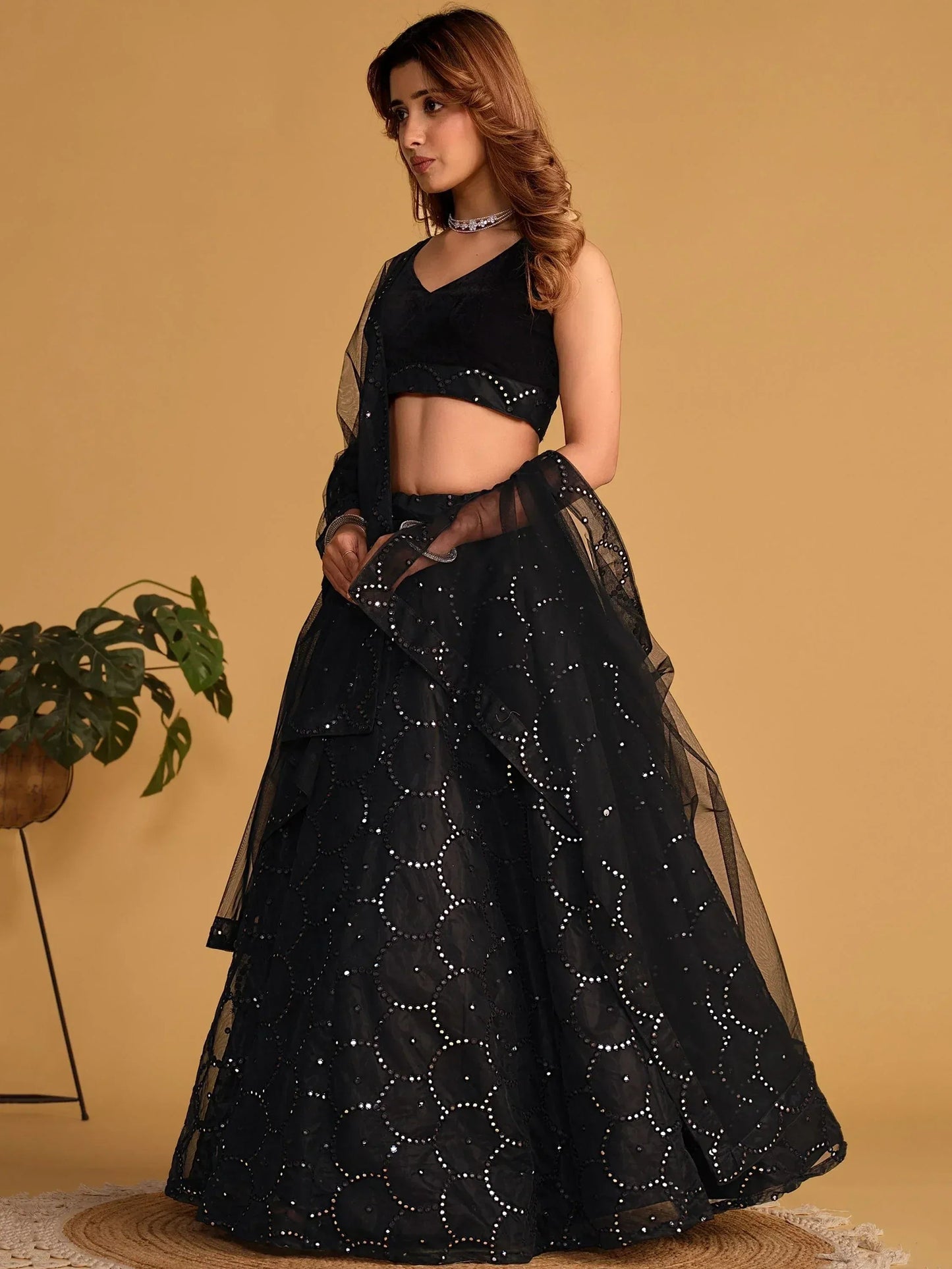 Tulsi Art Mesmerizing Black Mirror Work Organza Reception Wear Lehenga Choli