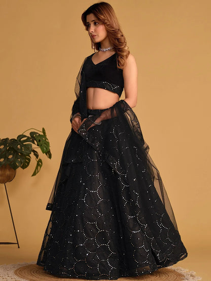 Tulsi Art Mesmerizing Black Mirror Work Organza Reception Wear Lehenga Choli