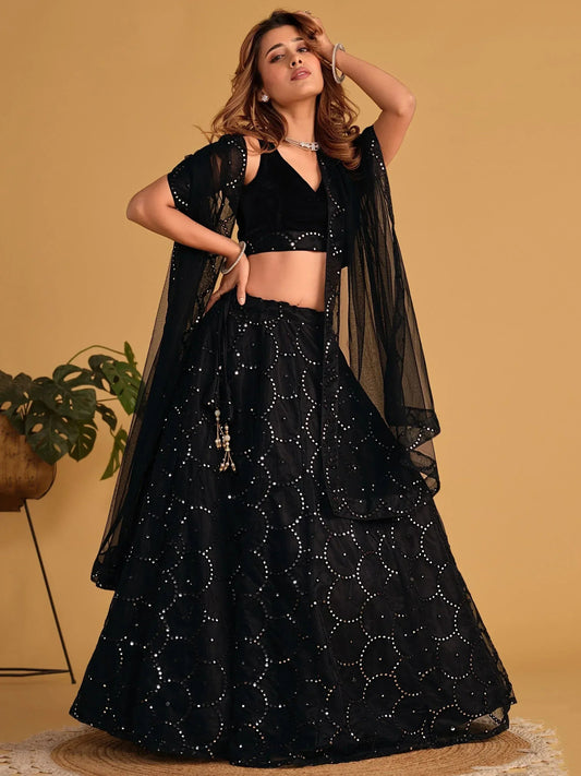 Tulsi Art Mesmerizing Black Mirror Work Organza Reception Wear Lehenga Choli
