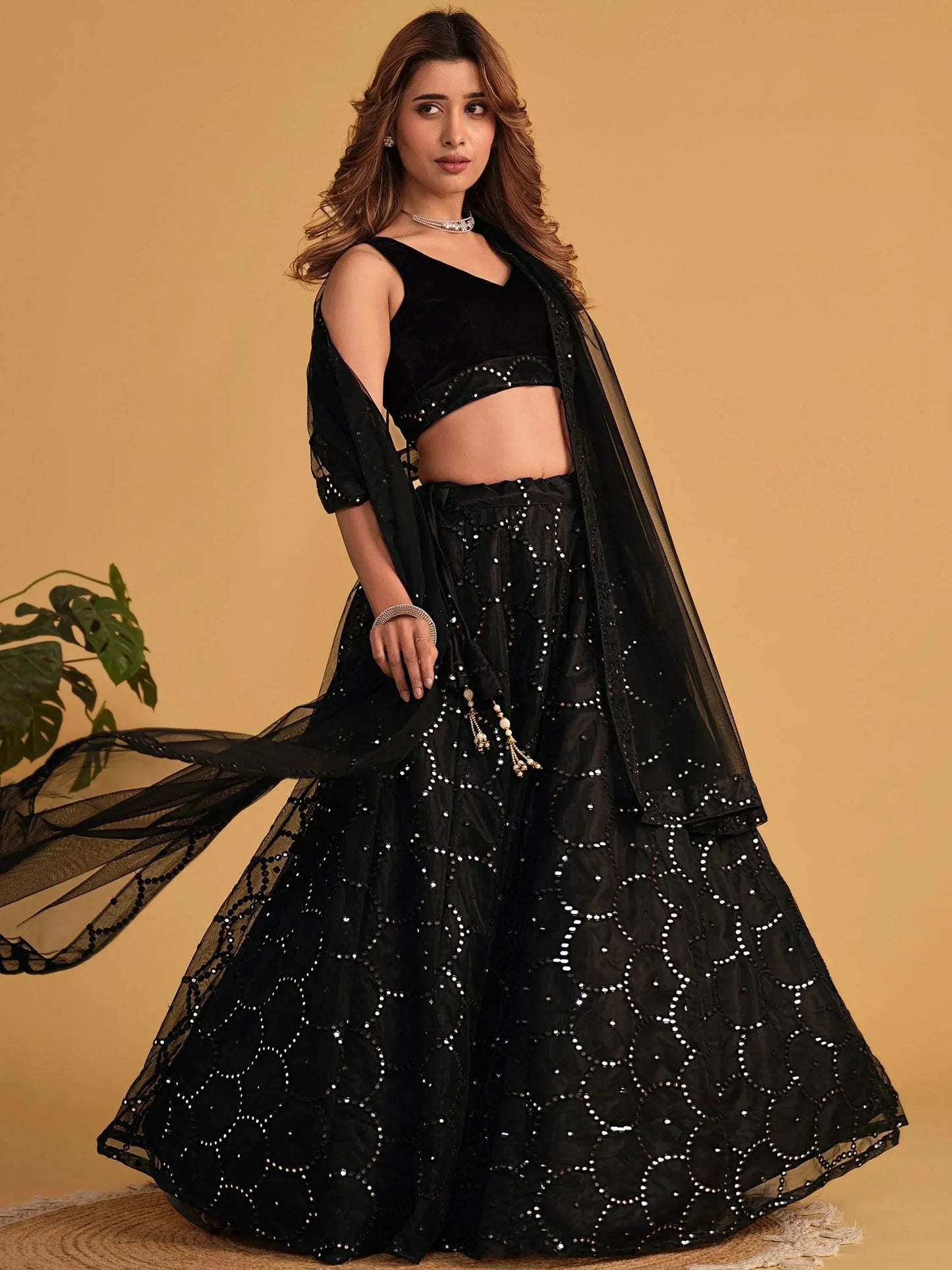 Tulsi Art Mesmerizing Black Mirror Work Organza Reception Wear Lehenga Choli