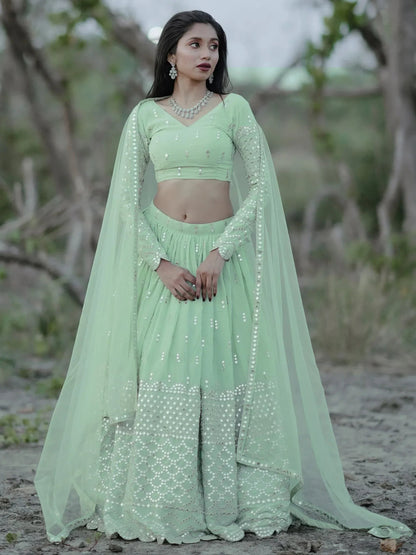 Tulsi Art Adorable Pastel Green Sequins Georgette Reception Wear Lehenga Choli