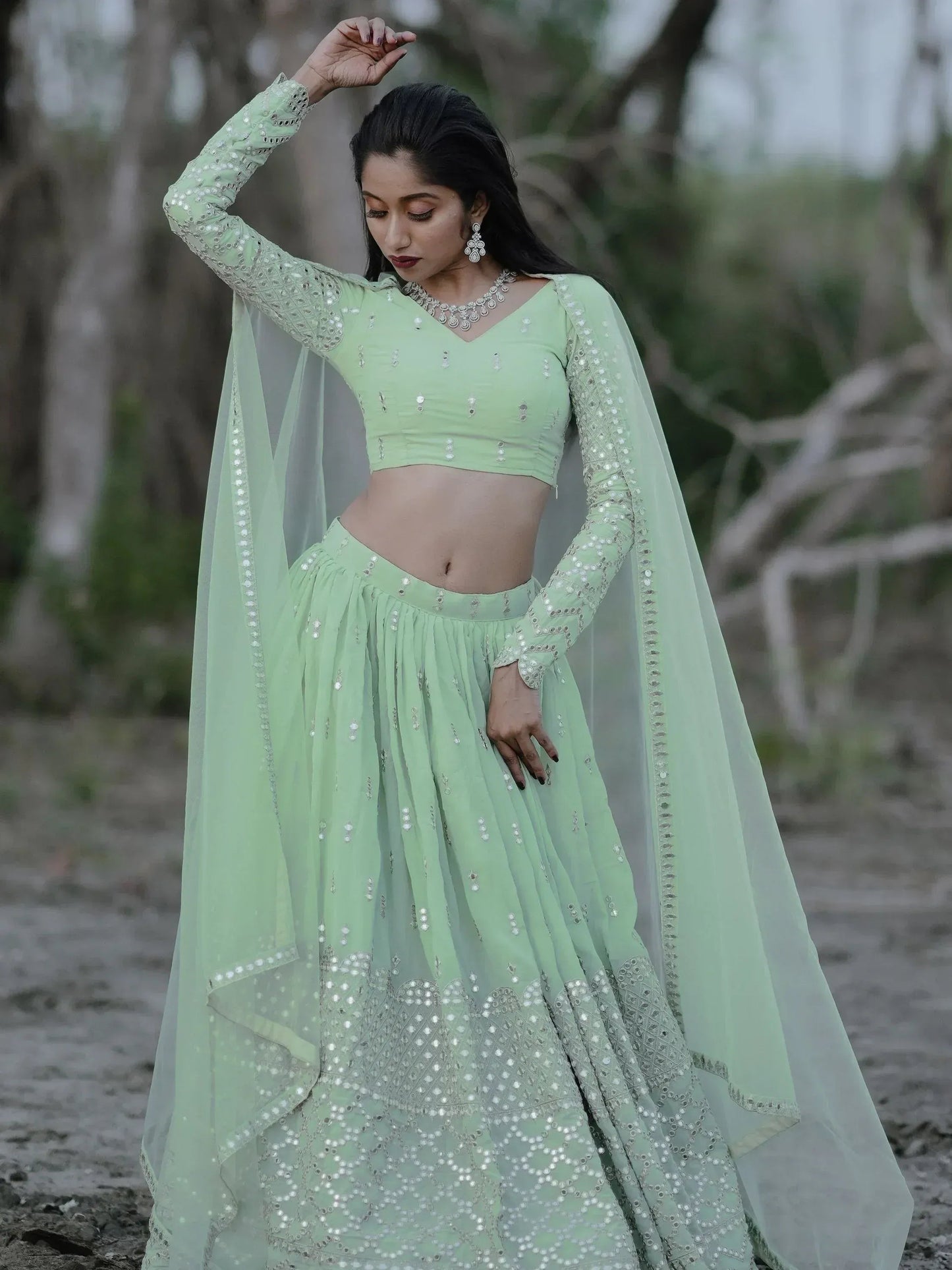 Tulsi Art Adorable Pastel Green Sequins Georgette Reception Wear Lehenga Choli