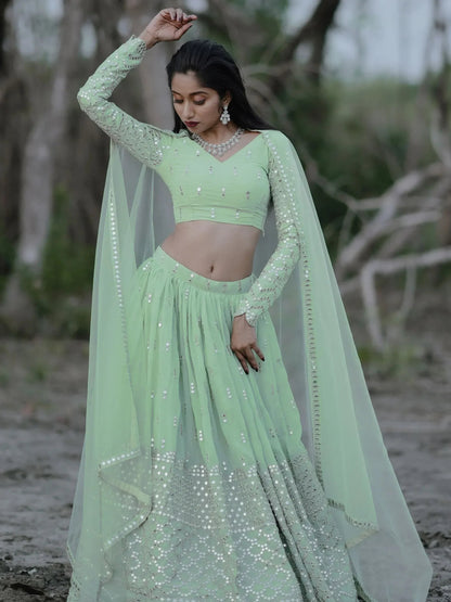 Tulsi Art Adorable Pastel Green Sequins Georgette Reception Wear Lehenga Choli