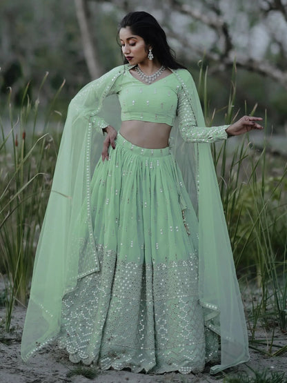 Tulsi Art Adorable Pastel Green Sequins Georgette Reception Wear Lehenga Choli