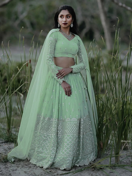 Tulsi Art Adorable Pastel Green Sequins Georgette Reception Wear Lehenga Choli