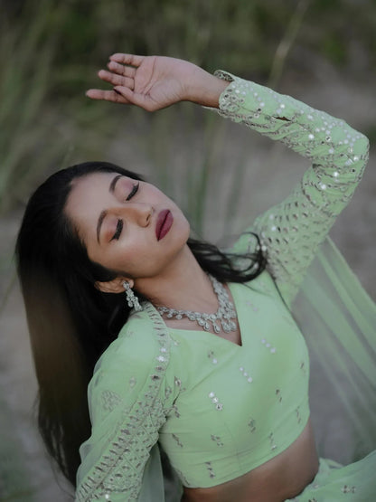 Tulsi Art Adorable Pastel Green Sequins Georgette Reception Wear Lehenga Choli