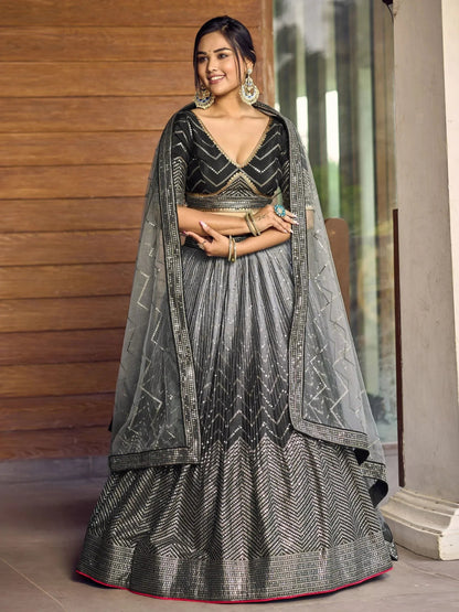 Tulsi Art Fabulous Black Sequins Chinon Reception Wear Lehenga Choli