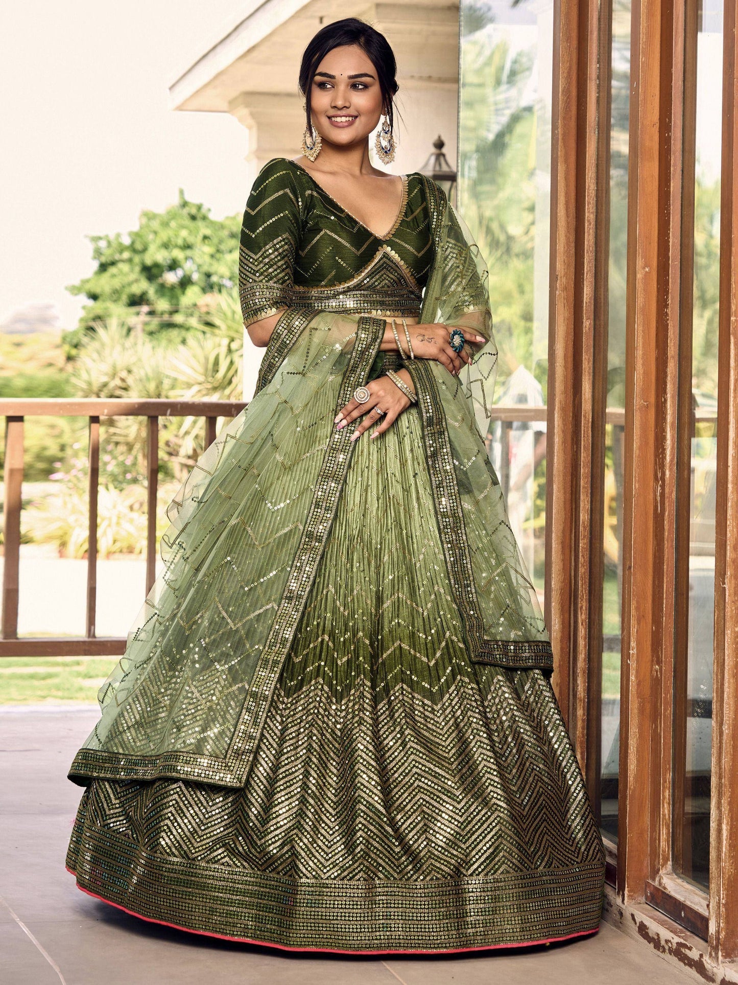 Tulsi Art Awesome Green Sequins Chinon Mehendi Wear Lehenga Choli