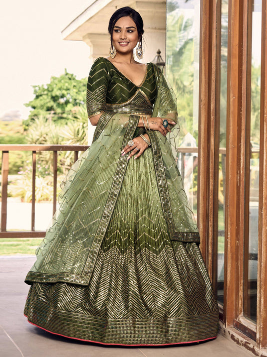 Tulsi Art Awesome Green Sequins Chinon Mehendi Wear Lehenga Choli