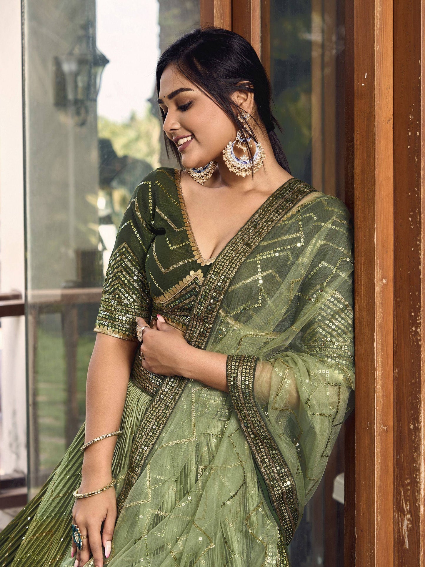 Tulsi Art Awesome Green Sequins Chinon Mehendi Wear Lehenga Choli