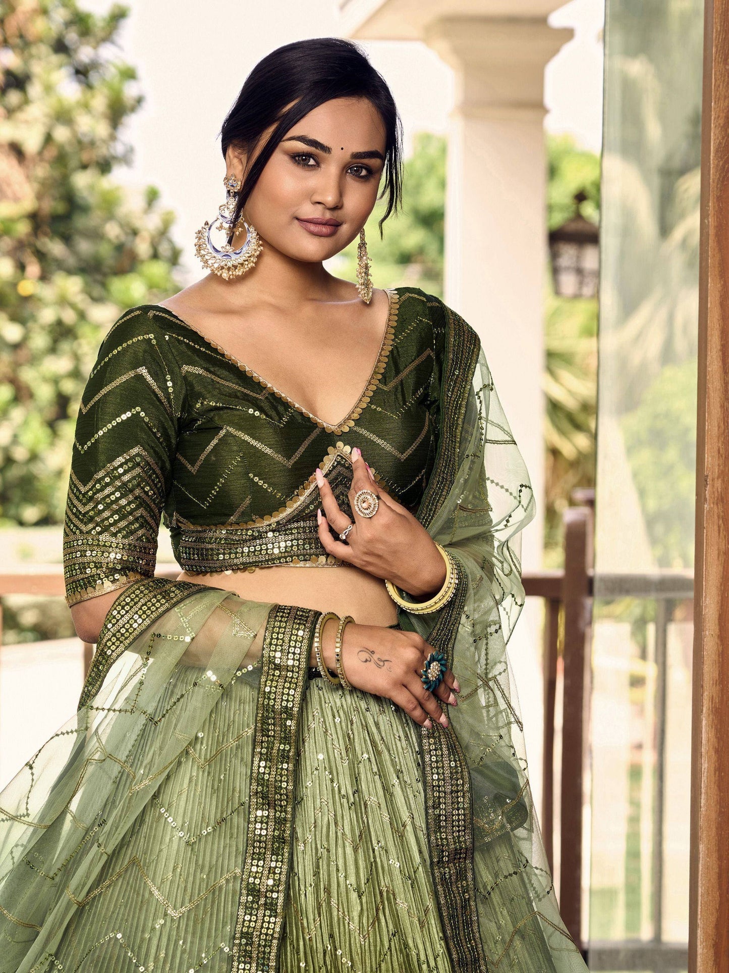 Tulsi Art Awesome Green Sequins Chinon Mehendi Wear Lehenga Choli