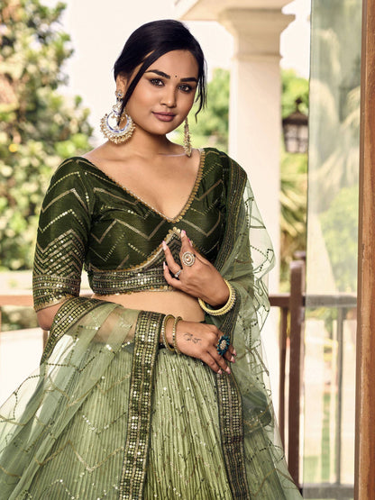 Tulsi Art Awesome Green Sequins Chinon Mehendi Wear Lehenga Choli