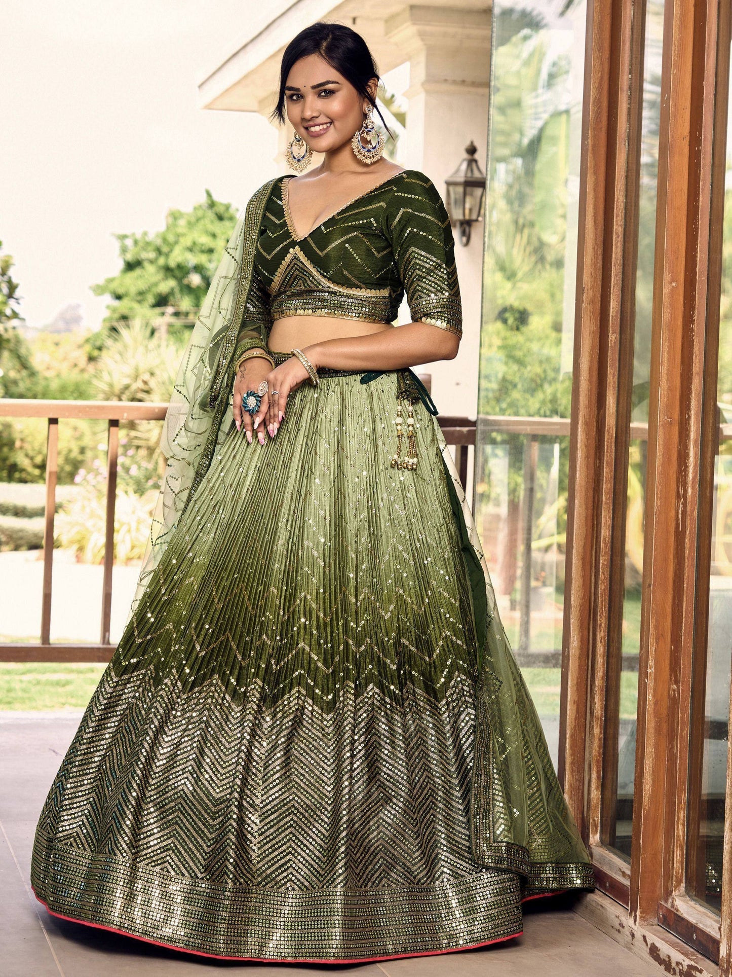 Tulsi Art Awesome Green Sequins Chinon Mehendi Wear Lehenga Choli