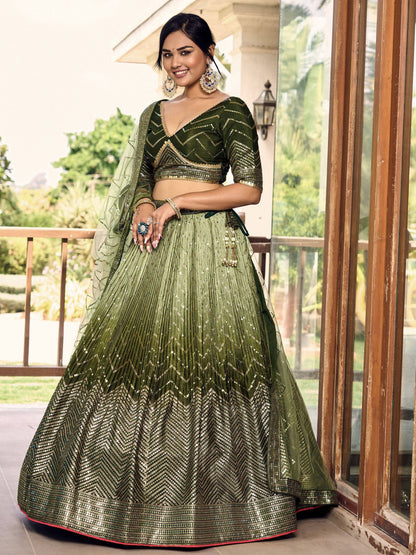 Tulsi Art Awesome Green Sequins Chinon Mehendi Wear Lehenga Choli